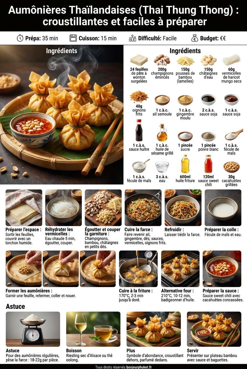 Fiche recette Recette du0027aumônières thaïlandaises (Thai Thung Thong) : croustillantes et faciles à préparer