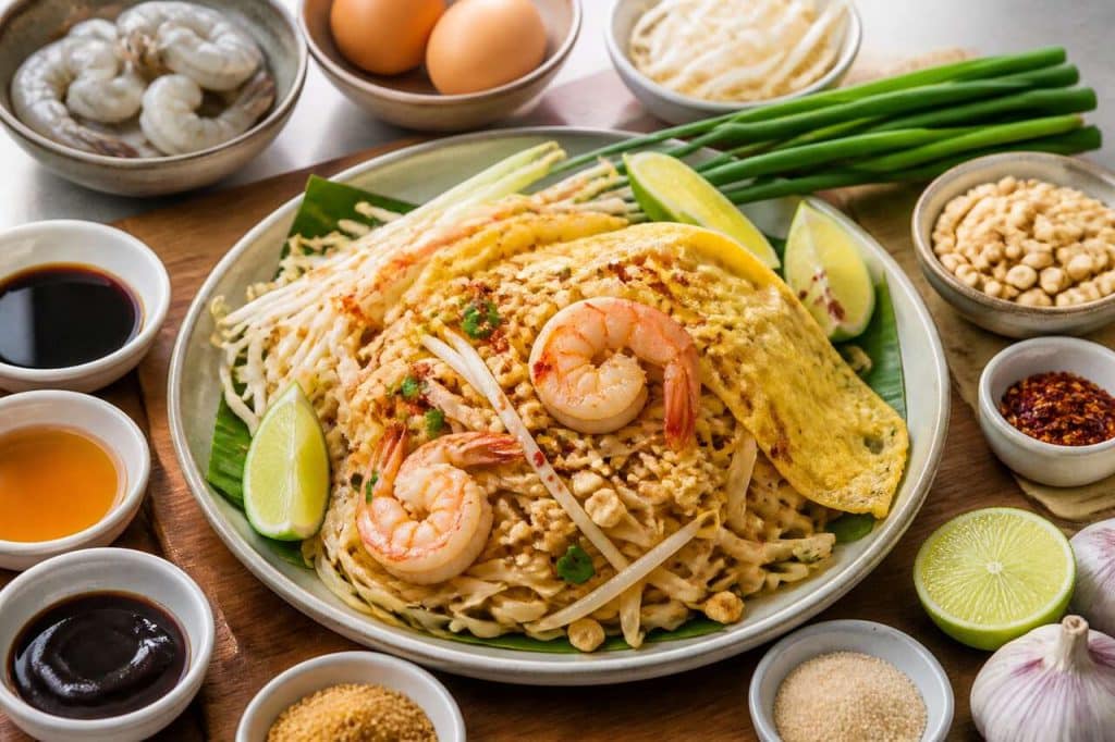 Recette du pad thaï aux crevettes et sa fine crêpe aux œufs