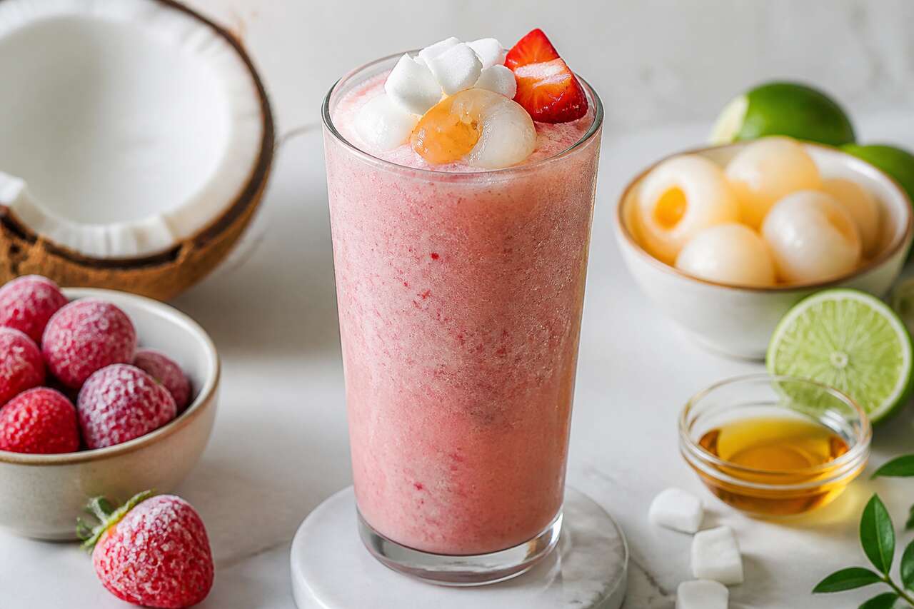 Recette de smoothie fraise, litchi et lait de coco