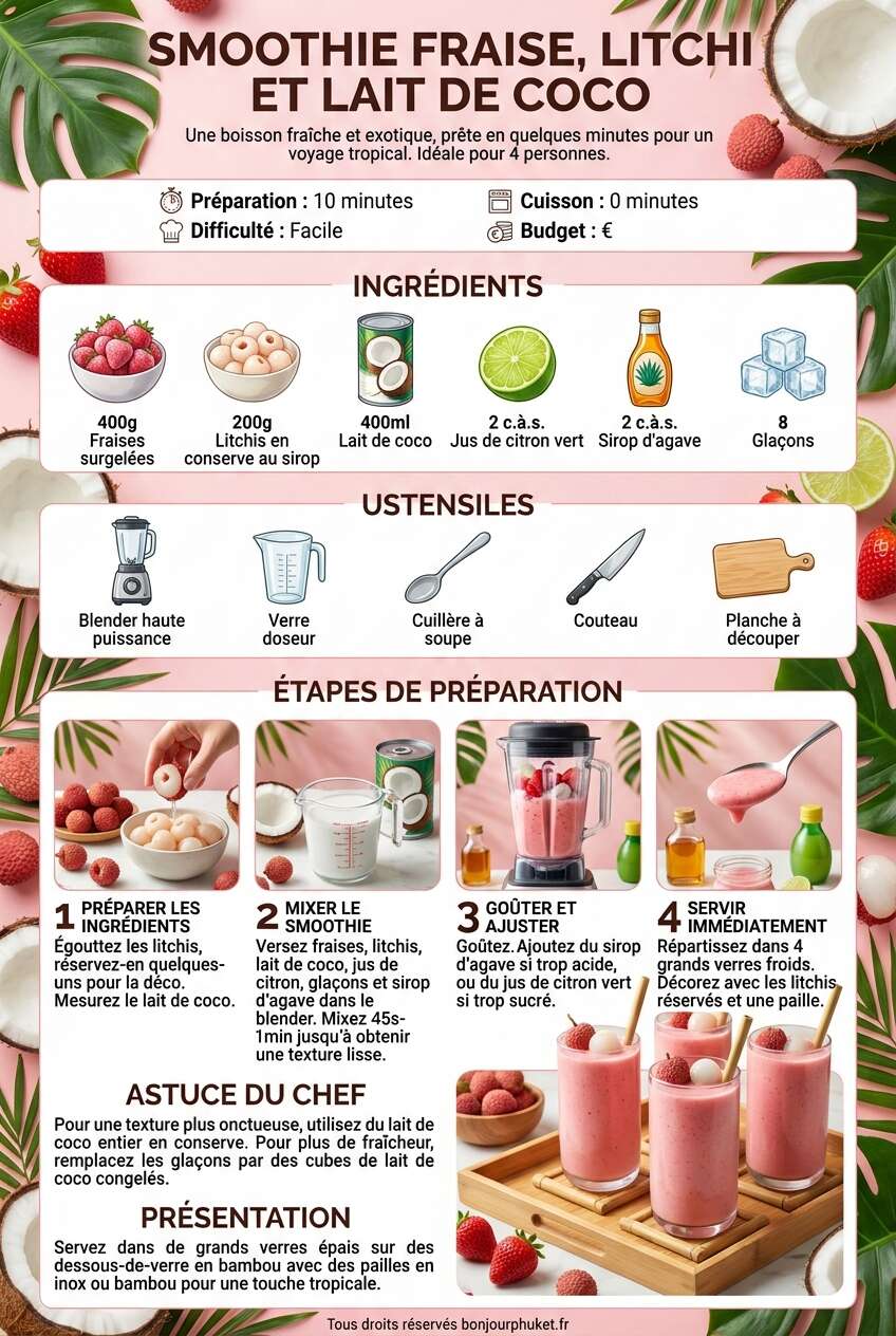 Fiche recette Recette de smoothie fraise, litchi et lait de coco