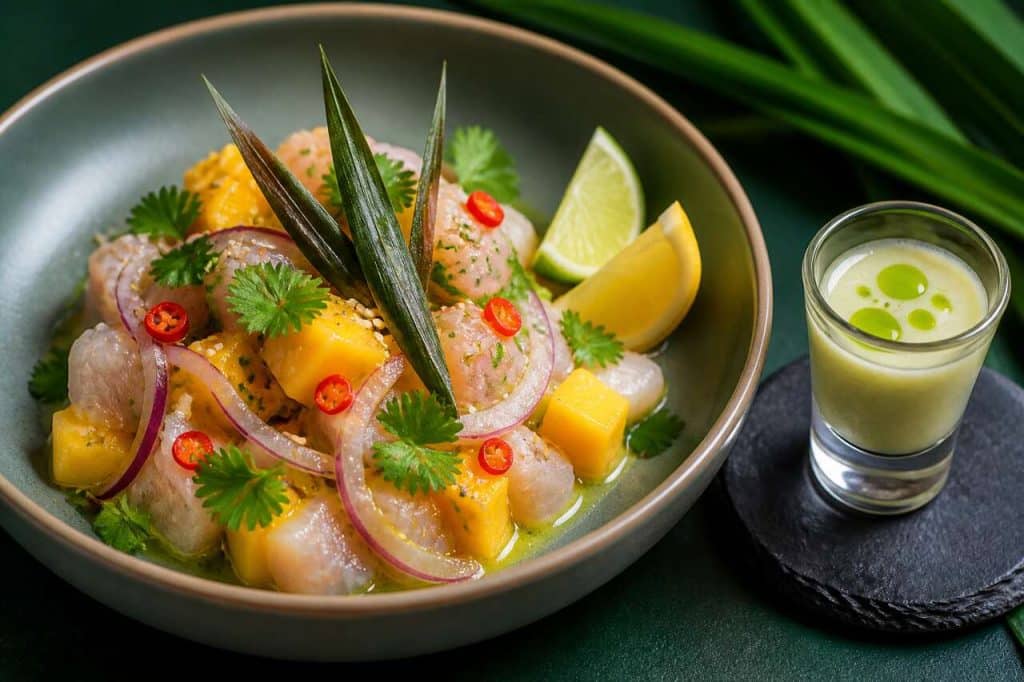 Recette de ceviche de daurade à la mangue et huile de pandan
