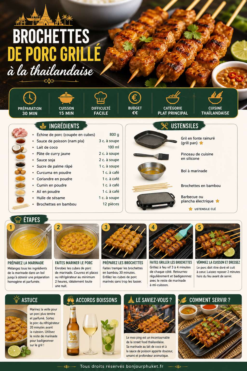 Fiche recette Recette de brochettes de porc grill&eacute; &agrave; la tha&iuml;landaise