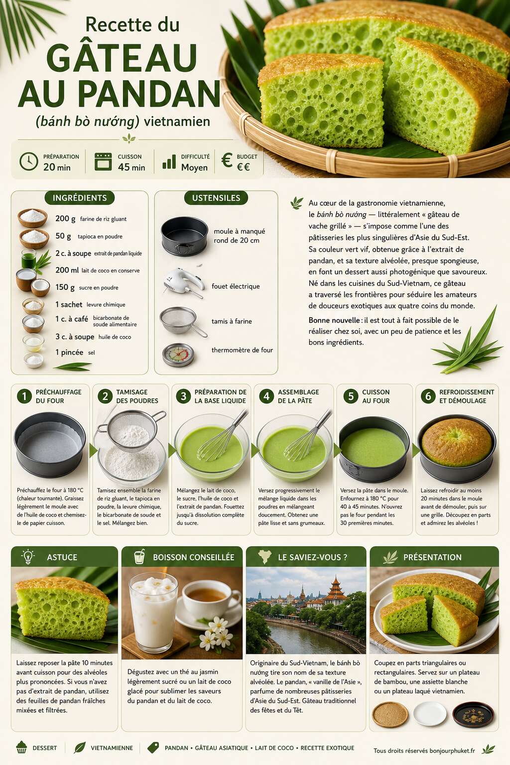 Fiche recette Recette du g&acirc;teau au pandan (b&aacute;nh b&ograve; nướng) vietnamien