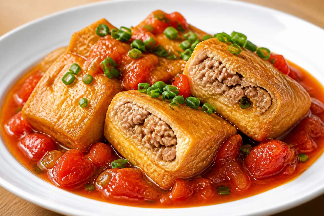 Recette du tofu farci au porc braisé et tomate (đậu hũ sốt cà chua)