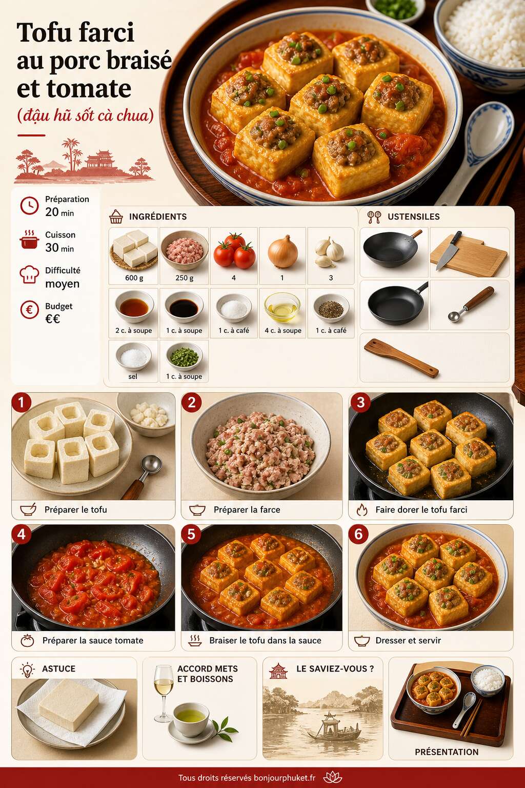 Fiche recette Recette du tofu farci au porc brais&eacute; et tomate (đậu hũ sốt c&agrave; chua)