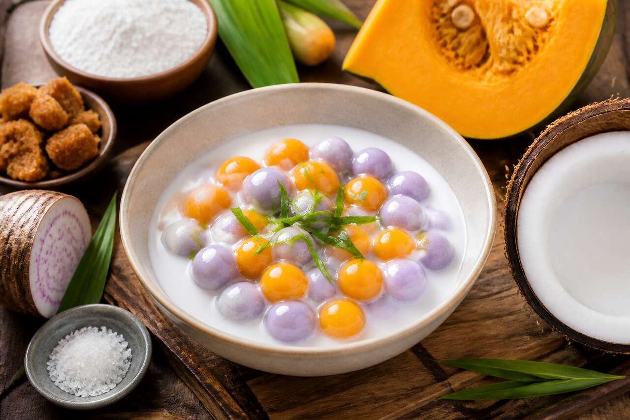 Recette de billes de riz taro et potiron au lait de coco (buo loi)