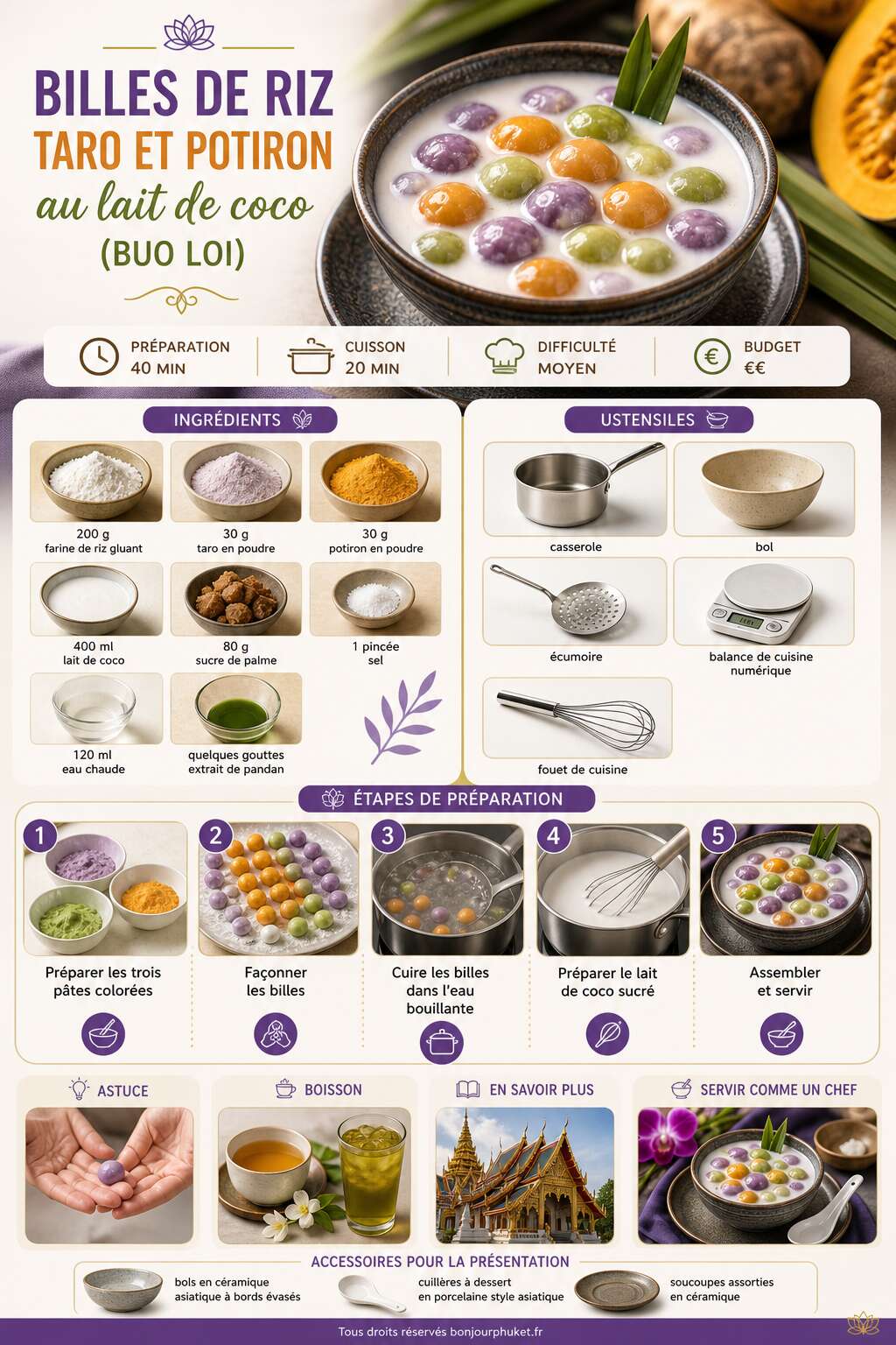 Fiche recette Recette de billes de riz taro et potiron au lait de coco (buo loi)
