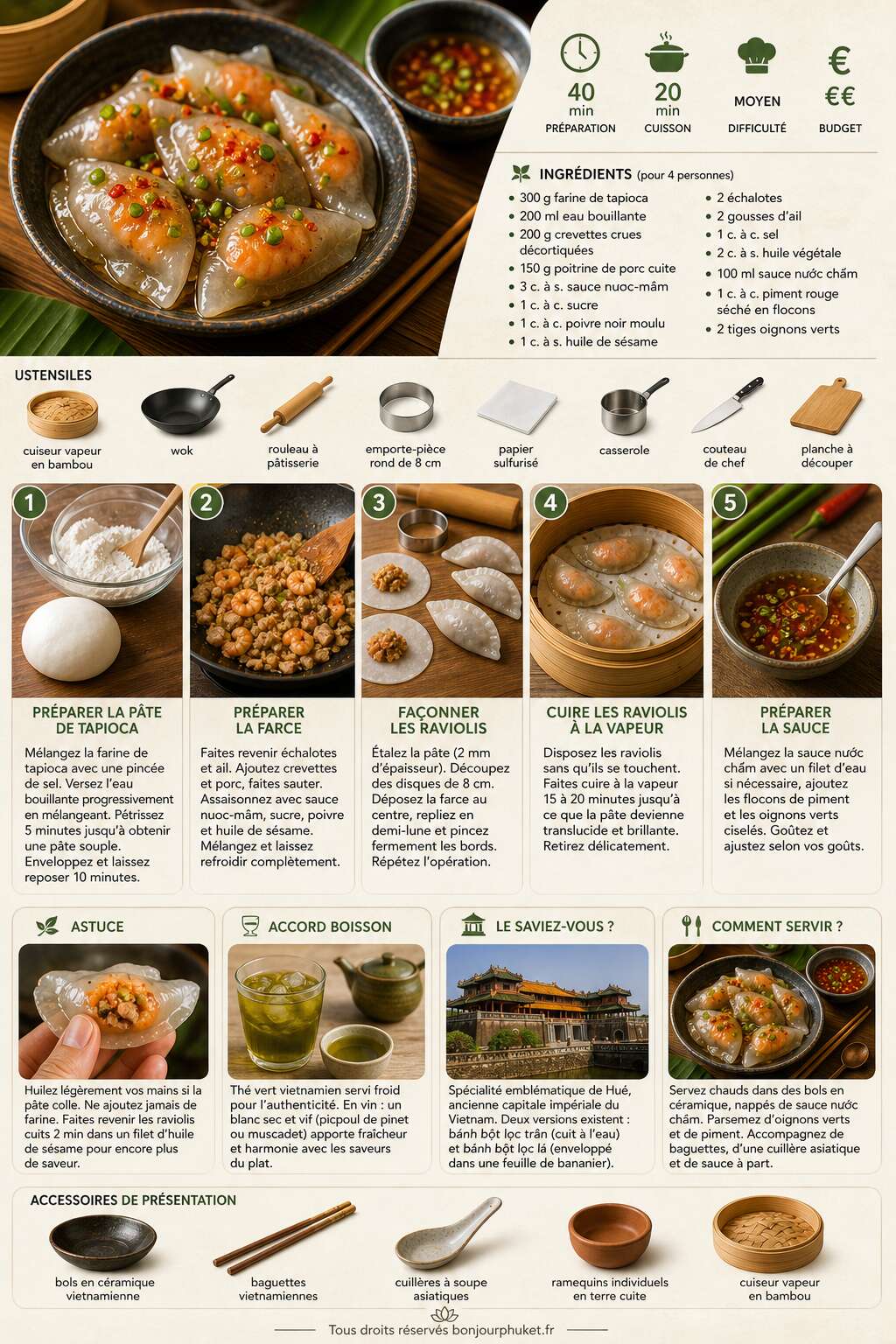 Fiche recette Recette authentique des raviolis de Hu&eacute; (b&aacute;nh bột lọc)