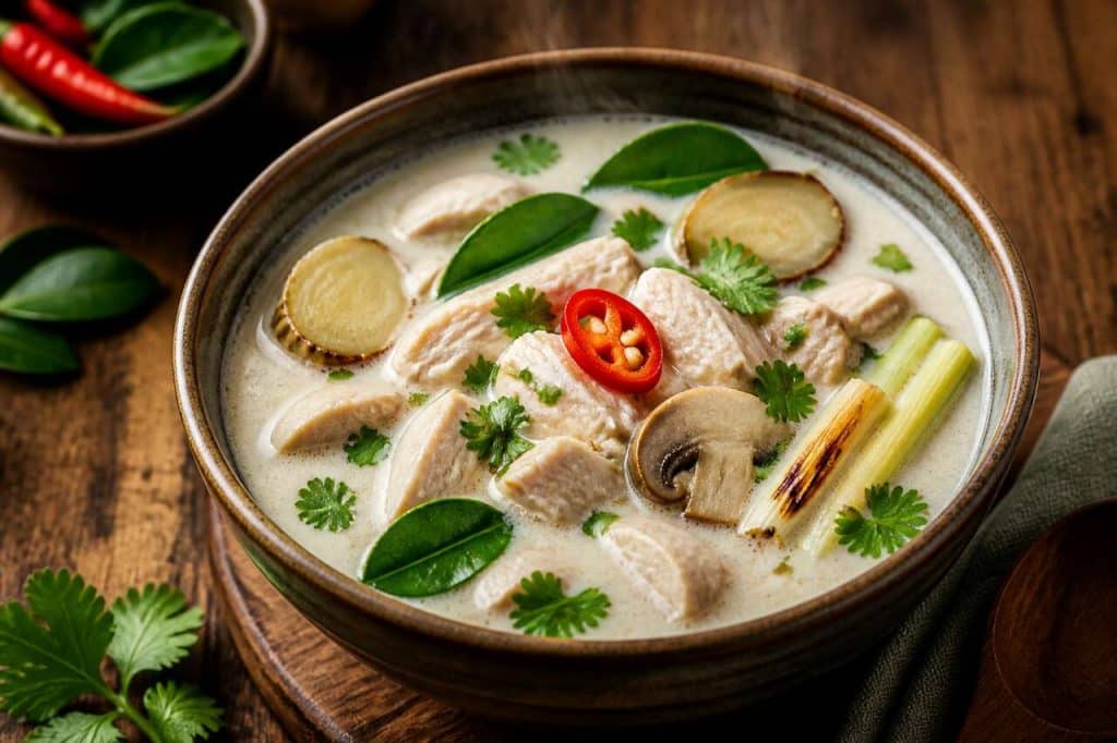 Recette du tom kha kai : soupe de poulet au lait de coco thaïlandaise