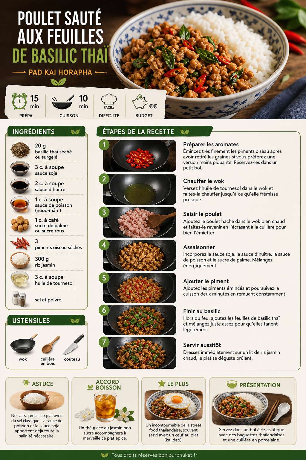 Fiche recette Recette du poulet saut&eacute; aux feuilles de basilic tha&iuml; (Pad Kai Horapha)