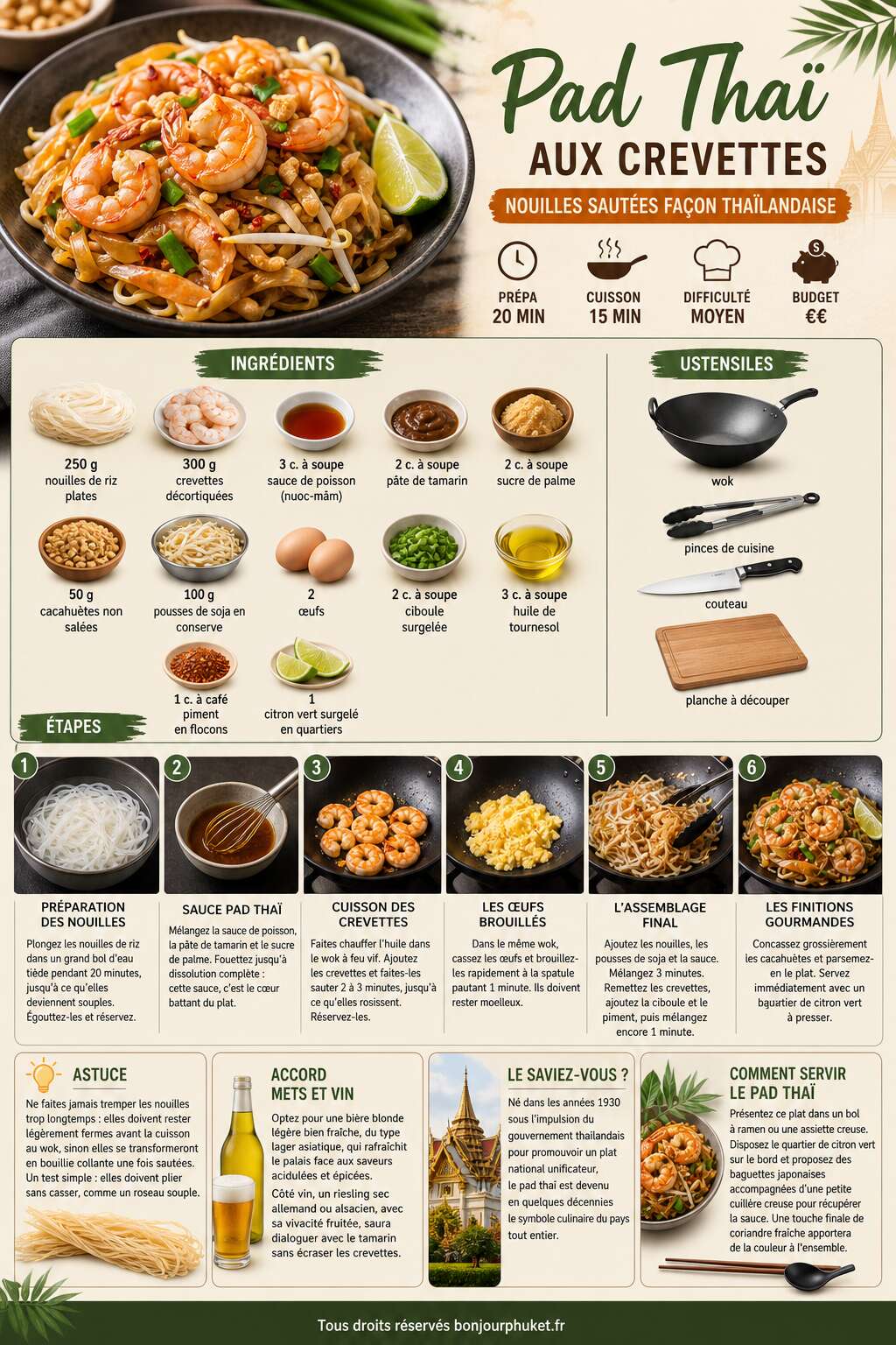 Fiche recette Recette du pad thaï aux crevettes : nouilles sautées façon thaïlandaise Fiche recette Recette du pad thaï aux crevettes : nouilles sautées façon thaïlandaise
