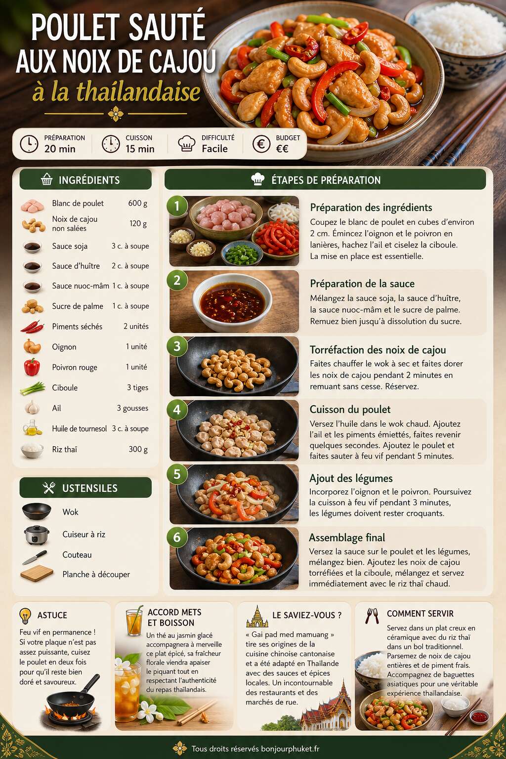 Fiche recette Recette du poulet sauté aux noix de cajou à la thaïlandaise Fiche recette Recette du poulet sauté aux noix de cajou à la thaïlandaise
