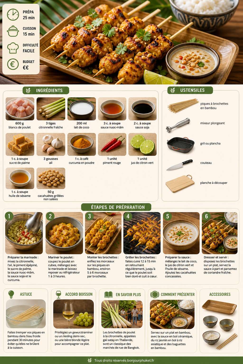 Fiche recette Recette de brochettes de poulet &agrave; la citronnelle &agrave; la tha&iuml;landaise