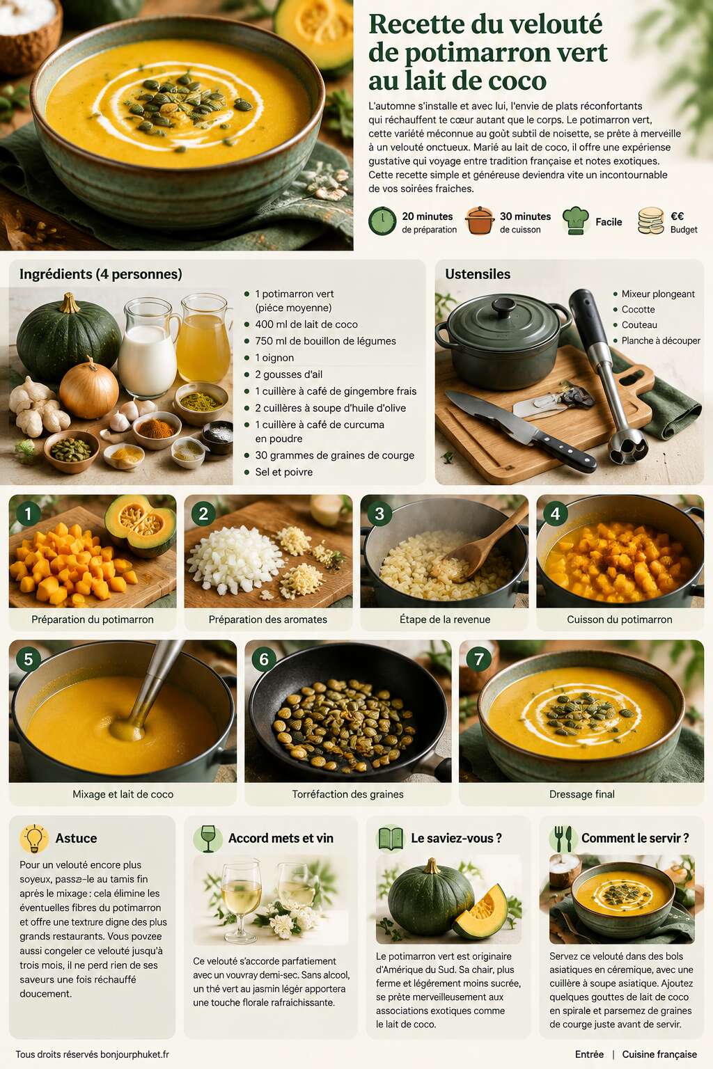Fiche recette Recette du velout&eacute; de potimarron vert au lait de coco
