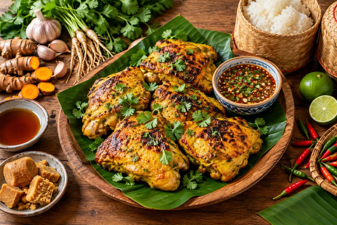 Recette du poulet thaï grillé au curcuma (gai ka min)