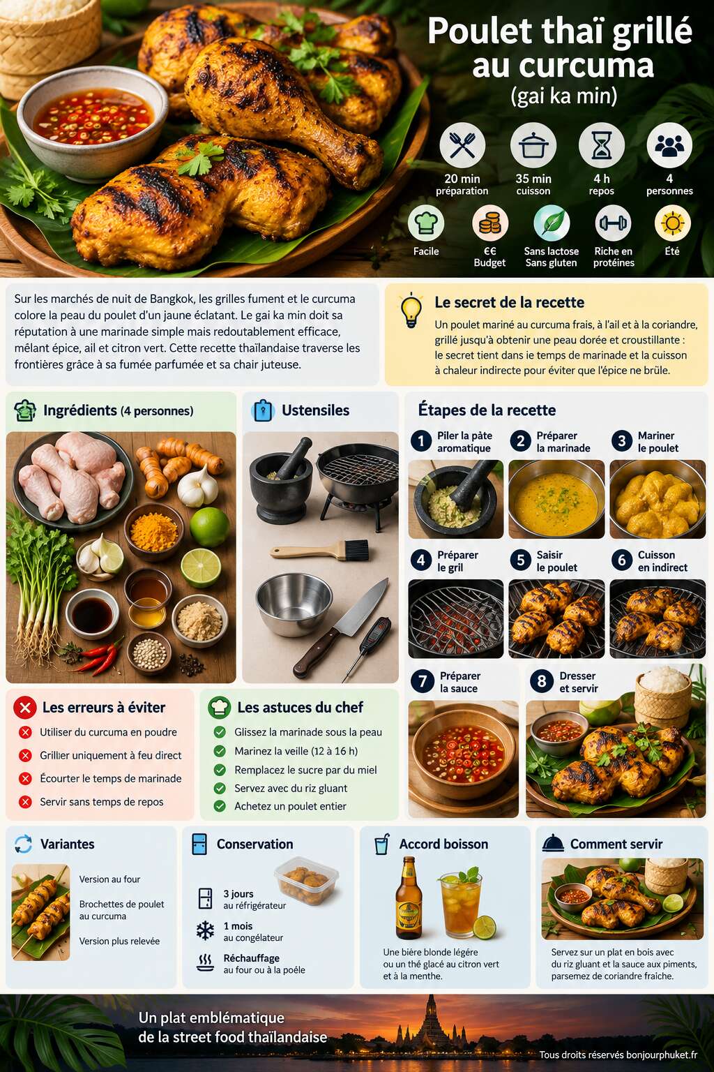 Fiche recette Recette du poulet tha&iuml; grill&eacute; au curcuma (gai ka min)