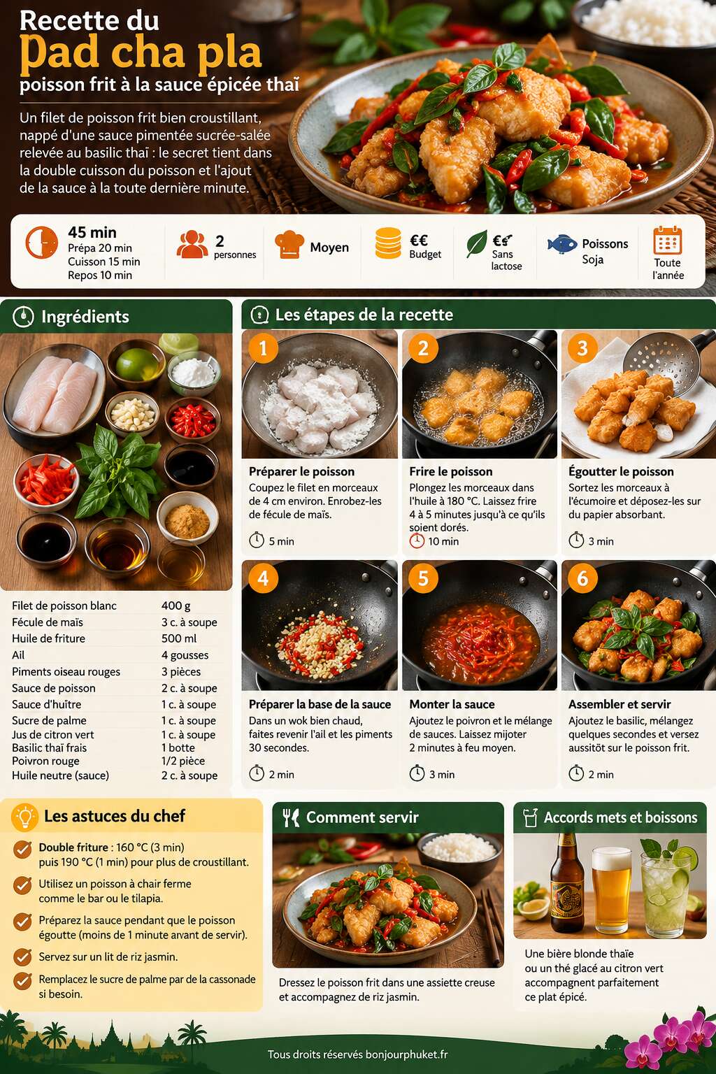 Fiche recette Recette du pad cha pla : poisson frit &agrave; la sauce &eacute;pic&eacute;e tha&iuml;